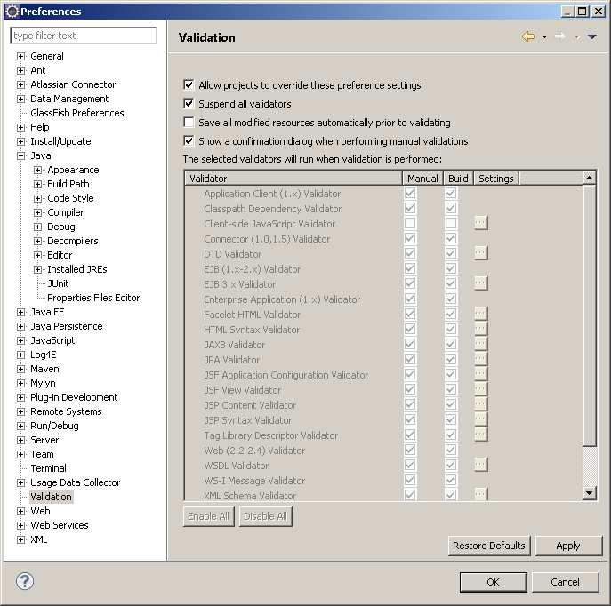 Desactivar validaciones JSP y XML